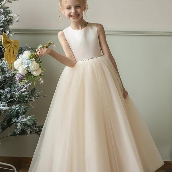 Girls Sleeveless Formal Princess Pageant Flower Girl Gown Satin/Tulle IVORY Sz 8 - Picture 2 of 8